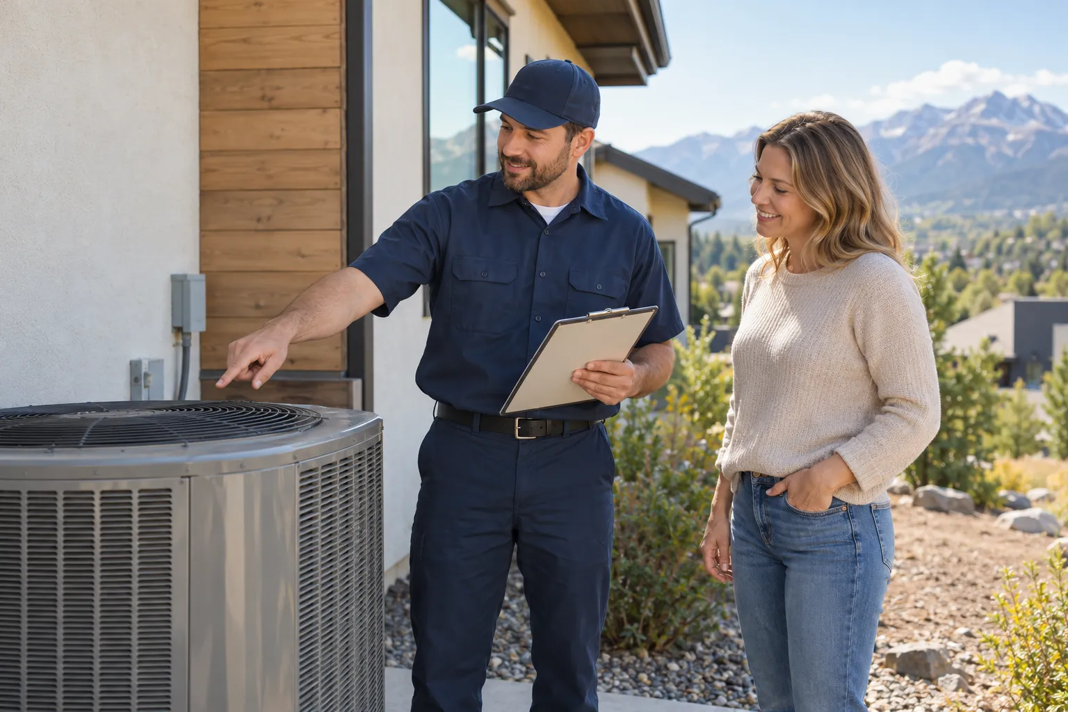 Homeowner talking with an AC provider beside an outdoor condenser unit at a Denver home